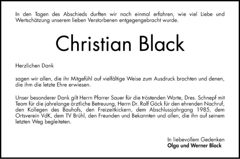  Traueranzeige für Christian Black vom 05.10.2019 aus Schwetzinger Zeitung