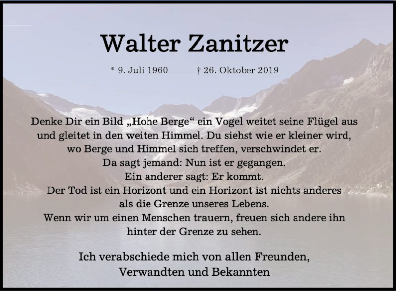  Traueranzeige für Walter Zanitzer vom 30.10.2019 aus Bergsträßer Anzeiger