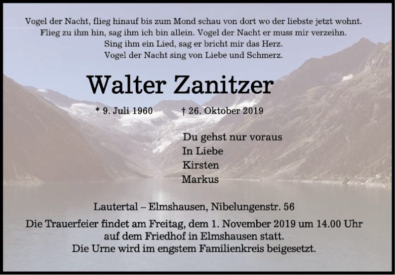  Traueranzeige für Walter Zanitzer vom 30.10.2019 aus Bergsträßer Anzeiger