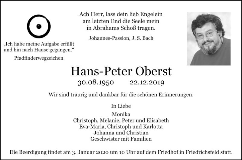  Traueranzeige für Hans-Peter Oberst vom 28.12.2019 aus Mannheimer Morgen