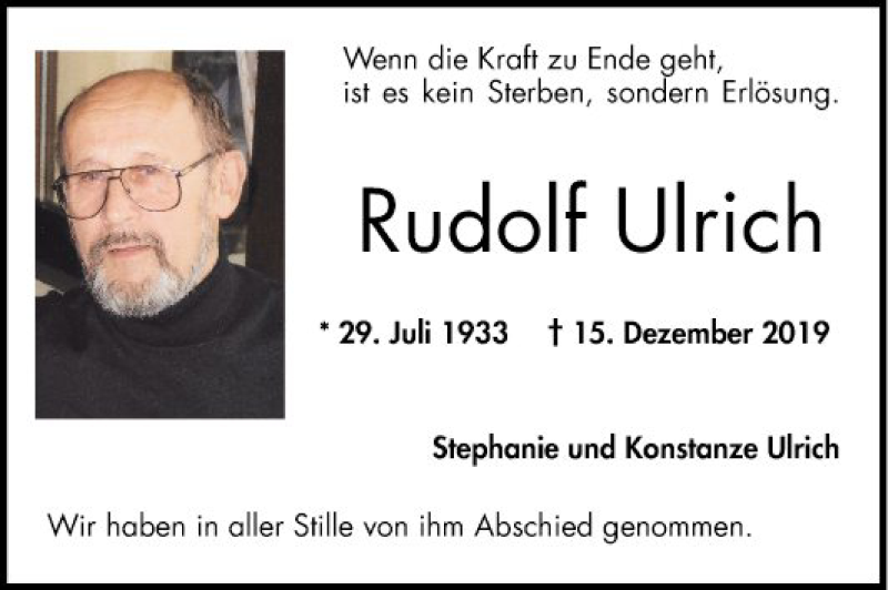  Traueranzeige für Rudolf Ulrich vom 28.12.2019 aus Mannheimer Morgen