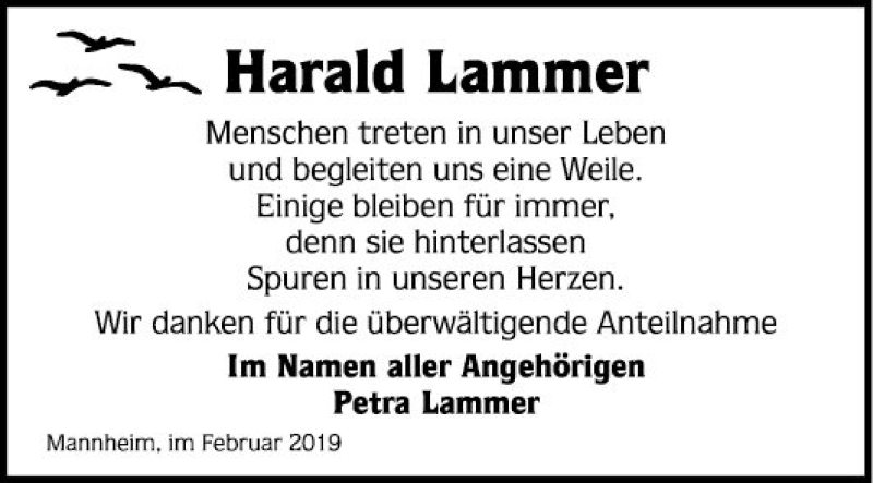  Traueranzeige für Harald Lammer vom 09.02.2019 aus Mannheimer Morgen