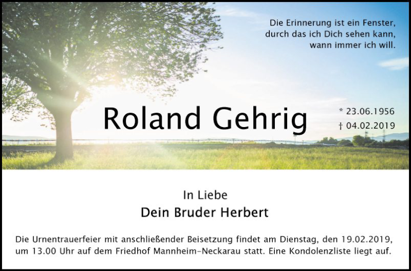 Traueranzeige für Roland Gehrig vom 09.02.2019 aus Mannheimer Morgen