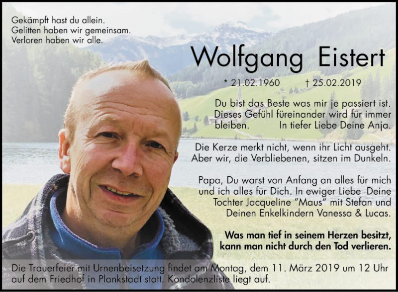  Traueranzeige für Wolfgang Eistert vom 05.03.2019 aus Mannheimer Morgen