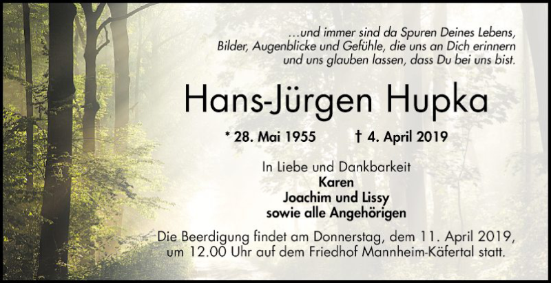  Traueranzeige für Hans-Jürgen Hupka vom 06.04.2019 aus Mannheimer Morgen