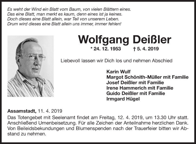  Traueranzeige für Wolfgang Deißler vom 11.04.2019 aus Fränkische Nachrichten