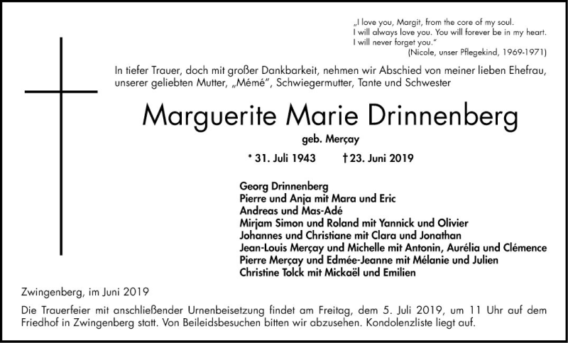  Traueranzeige für Marguerite Marie Drinnenberg vom 29.06.2019 aus Bergsträßer Anzeiger