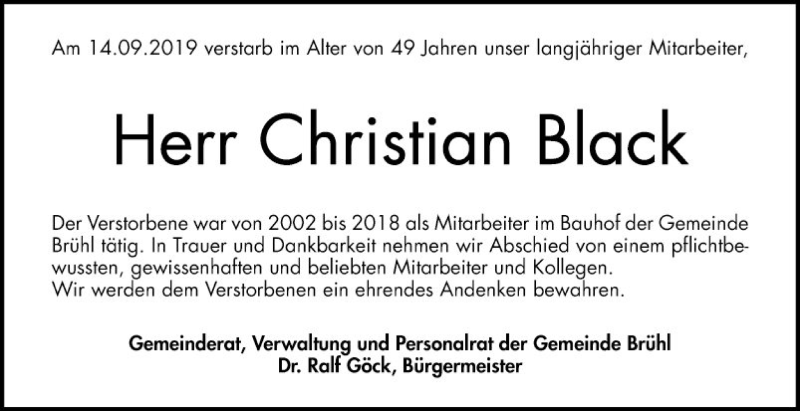  Traueranzeige für Christian Black vom 19.09.2019 aus Schwetzinger Zeitung