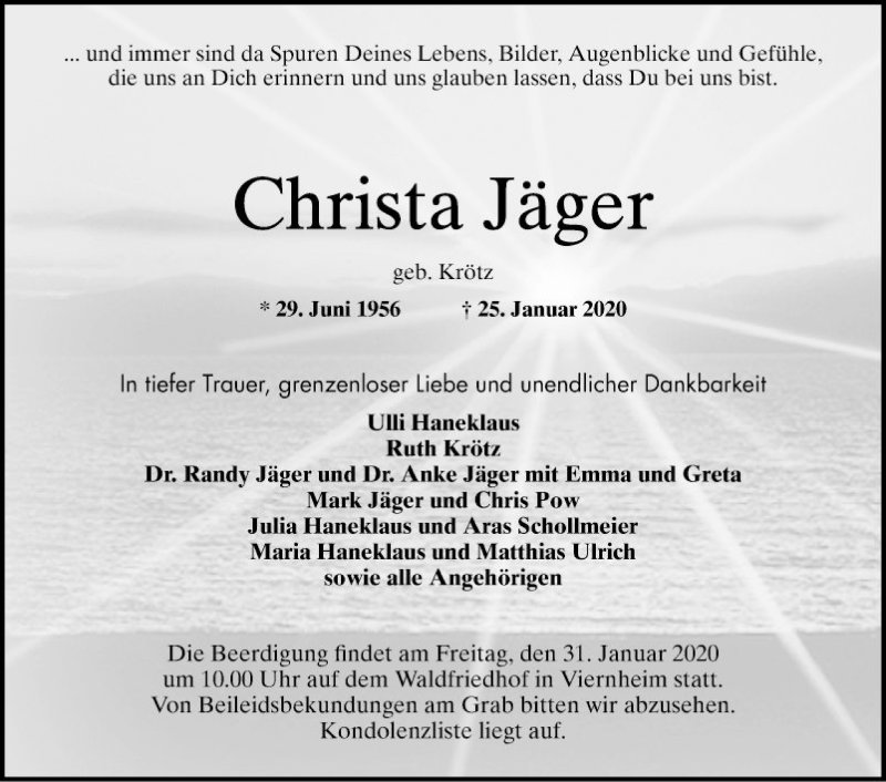  Traueranzeige für Christa Jäger vom 29.01.2020 aus Südhessen Morgen