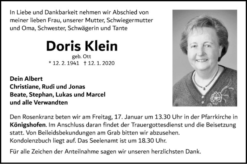  Traueranzeige für Doris Klein vom 15.01.2020 aus Fränkische Nachrichten