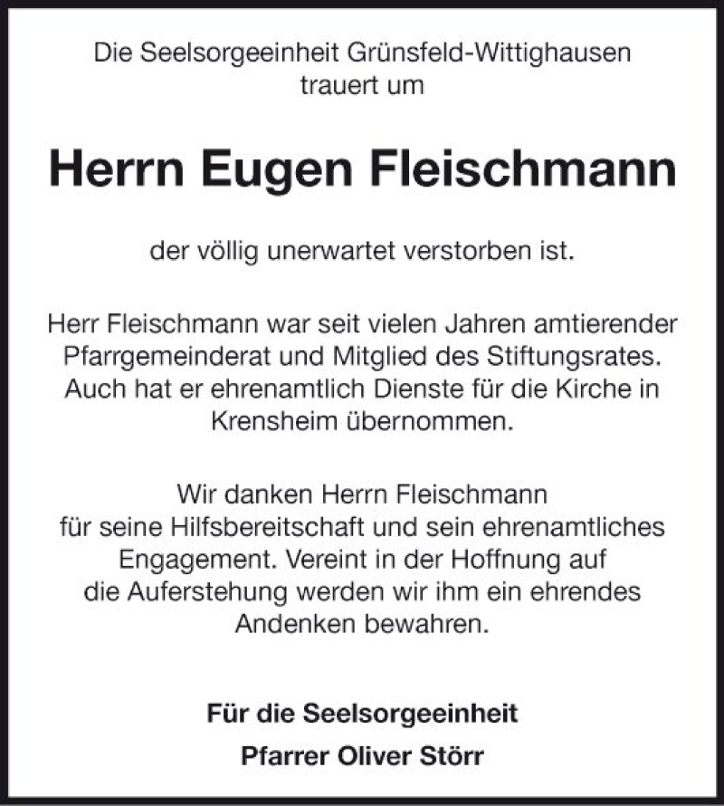  Traueranzeige für Eugen Fleischmann vom 18.01.2020 aus Fränkische Nachrichten