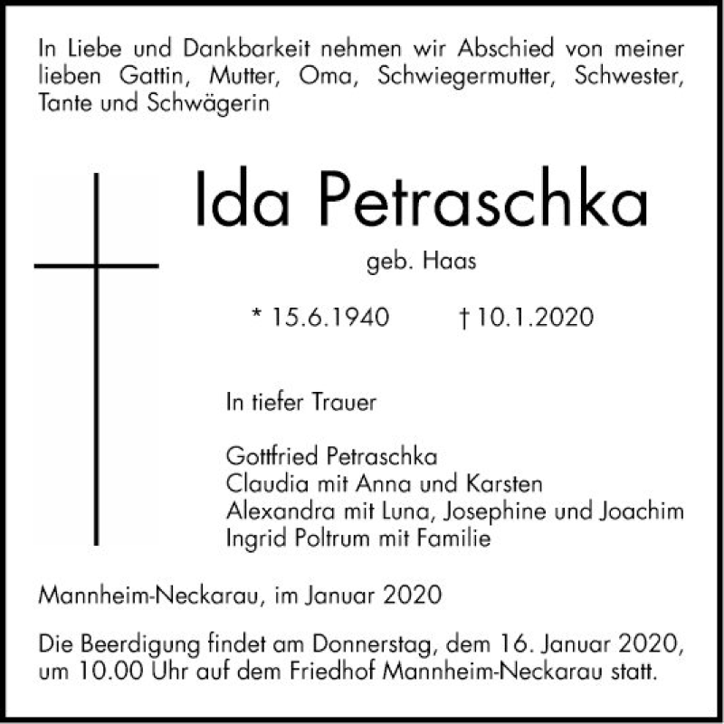  Traueranzeige für Ida Petraschka vom 14.01.2020 aus Mannheimer Morgen