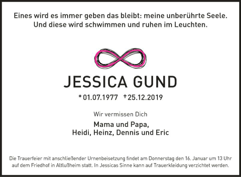  Traueranzeige für Jessica Gund vom 11.01.2020 aus Schwetzinger Zeitung