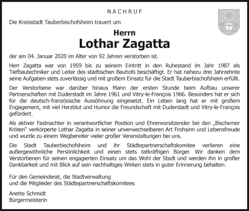  Traueranzeige für Lothar Zagatta vom 11.01.2020 aus Fränkische Nachrichten