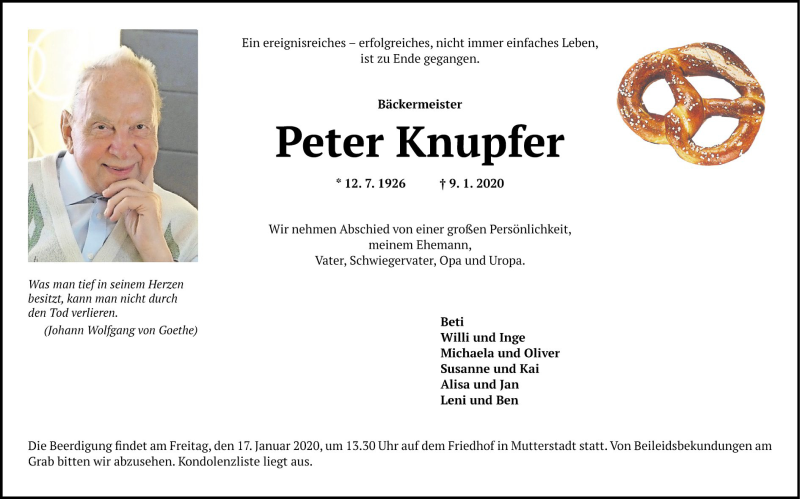  Traueranzeige für Peter Knupfer vom 15.01.2020 aus Mannheimer Morgen