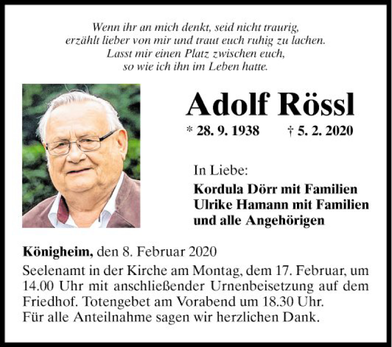  Traueranzeige für Adolf Rössl vom 08.02.2020 aus Fränkische Nachrichten