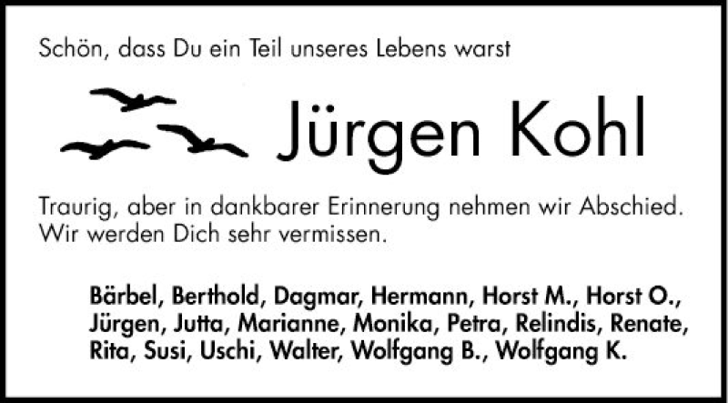  Traueranzeige für Jürgen Kohl vom 01.02.2020 aus Mannheimer Morgen