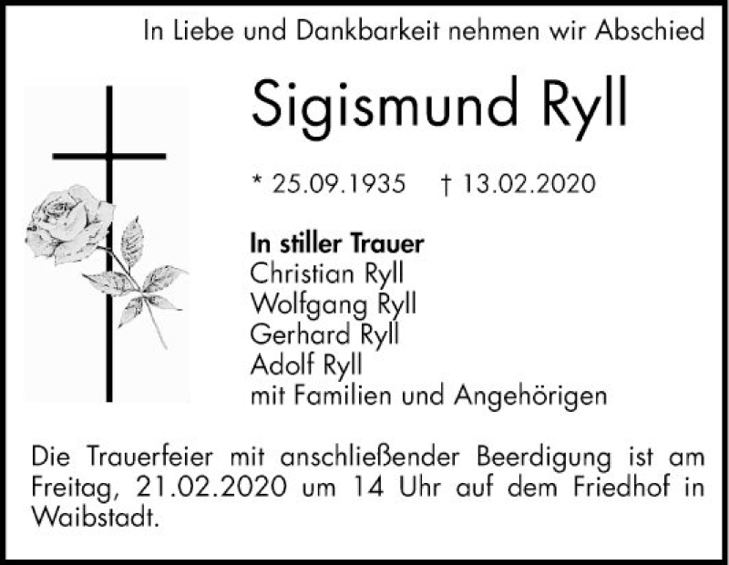  Traueranzeige für Sigismund Ryll vom 18.02.2020 aus Schwetzinger Zeitung