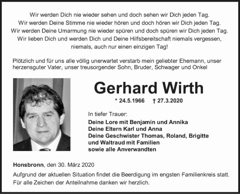  Traueranzeige für Gerhard Wirth vom 30.03.2020 aus Fränkische Nachrichten