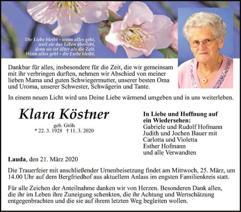  Traueranzeige für Klara Köstner vom 21.03.2020 aus Fränkische Nachrichten