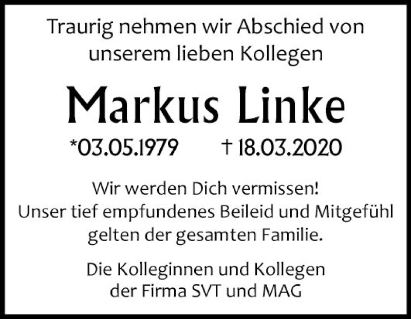  Traueranzeige für Markus Linke vom 28.03.2020 aus Mannheimer Morgen