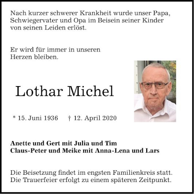  Traueranzeige für Lothar Michel vom 18.04.2020 aus Mannheimer Morgen