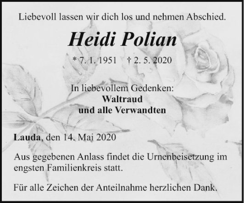  Traueranzeige für Heidi Polian vom 14.05.2020 aus Fränkische Nachrichten