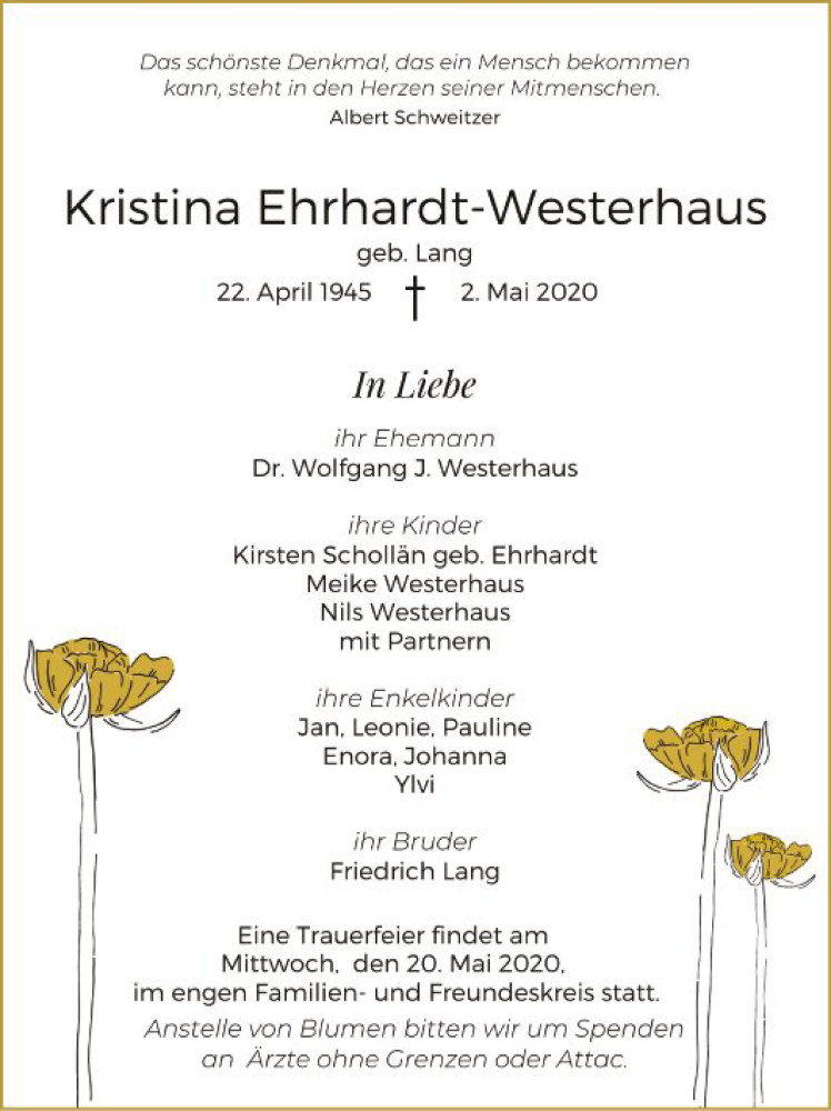  Traueranzeige für Kristina Ehrhardt-Westerhaus vom 09.05.2020 aus Mannheimer Morgen