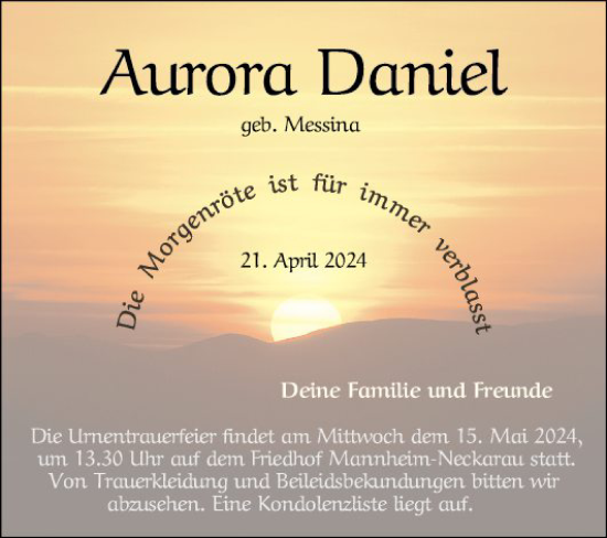 Traueranzeige von Aurora Daniel von Mannheimer Morgen