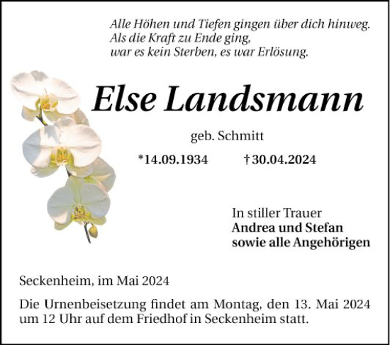 Traueranzeige von Else Landsmann von Mannheimer Morgen
