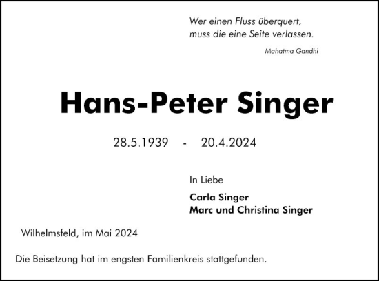Traueranzeige von Hans-Peter Singer von Mannheimer Morgen