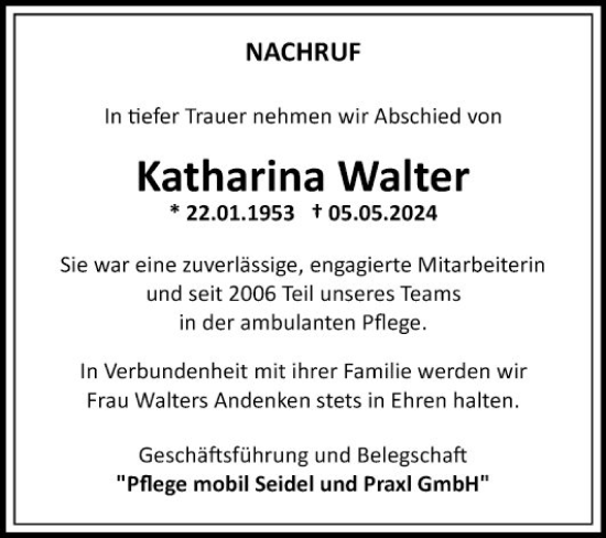 Traueranzeige von Katharina Walter von Fränkische Nachrichten