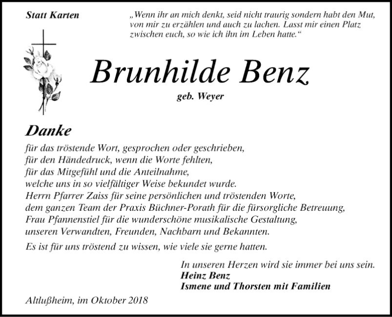  Traueranzeige für Brunhilde Benz vom 13.10.2018 aus Schwetzinger Zeitung