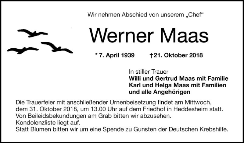  Traueranzeige für Werner Maas vom 27.10.2018 aus Mannheimer Morgen