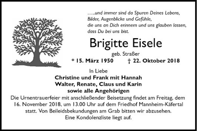  Traueranzeige für Brigitte Eisele vom 10.11.2018 aus Mannheimer Morgen
