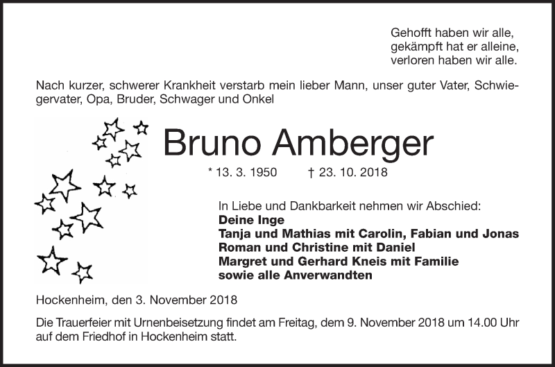  Traueranzeige für Bruno Amberger vom 03.11.2018 aus Schwetzinger Zeitung