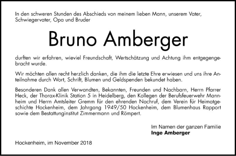 Traueranzeige für Bruno Amberger vom 16.11.2018 aus Schwetzinger Zeitung