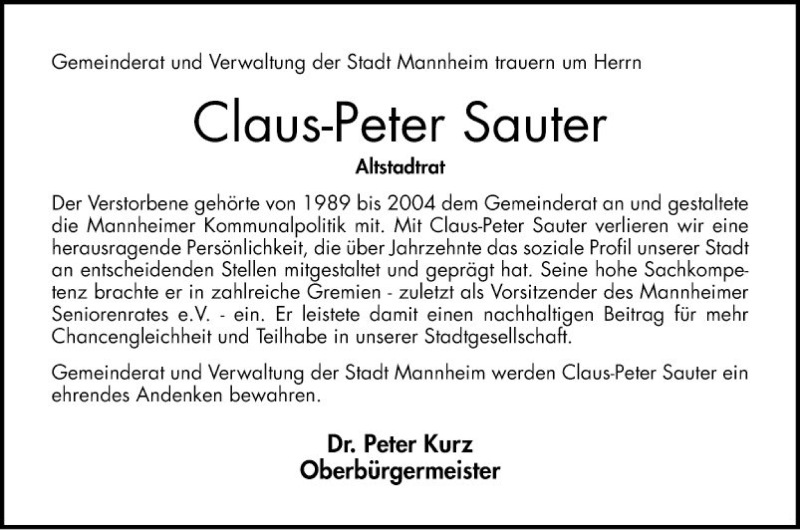  Traueranzeige für Claus-Peter Sauter vom 01.12.2018 aus Mannheimer Morgen