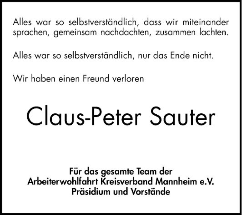  Traueranzeige für Claus-Peter Sauter vom 01.12.2018 aus Mannheimer Morgen