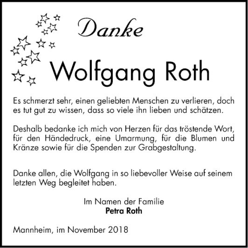  Traueranzeige für Wolfgang Roth vom 17.11.2018 aus Mannheimer Morgen