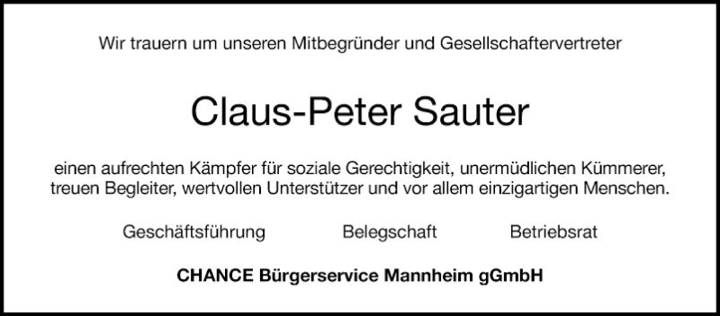  Traueranzeige für Claus-Peter Sauter vom 04.12.2018 aus Mannheimer Morgen