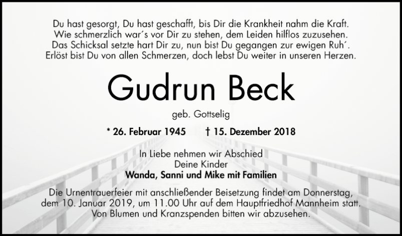  Traueranzeige für Gudrun Beck vom 22.12.2018 aus Mannheimer Morgen
