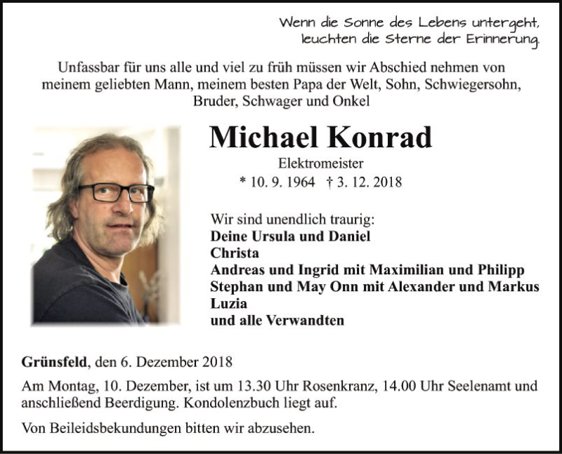  Traueranzeige für Michael Konrad vom 06.12.2018 aus Fränkische Nachrichten