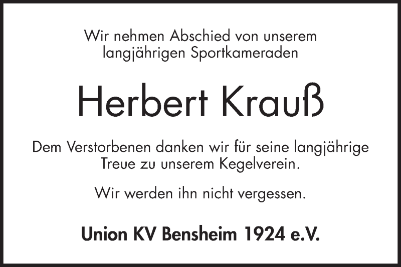  Traueranzeige für Herbert Krauß vom 07.02.2018 aus Bergsträßer Anzeiger