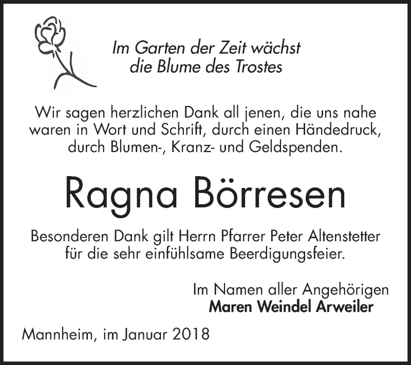  Traueranzeige für Ragna Börresen vom 27.01.2018 aus Mannheimer Morgen / Schwetzinger Zeitung