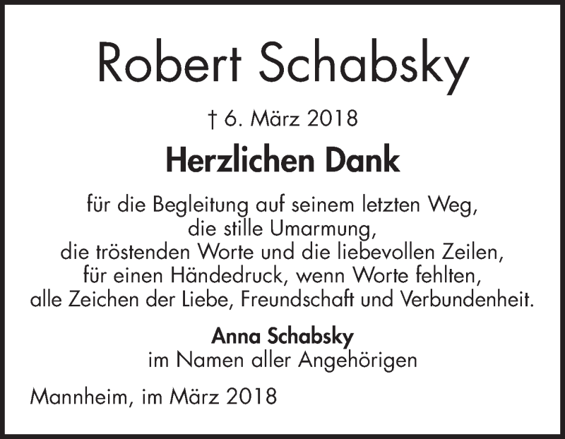  Traueranzeige für Robert Schabsky vom 24.03.2018 aus Mannheimer Morgen