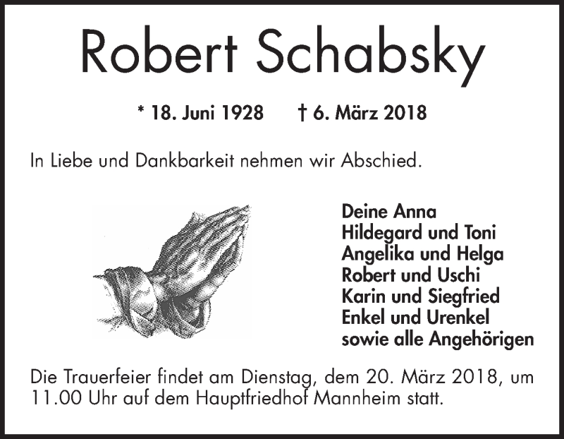  Traueranzeige für Robert Schabsky vom 10.03.2018 aus Mannheimer Morgen