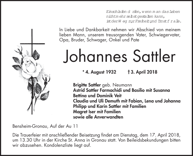  Traueranzeige für Johannes Sattler vom 11.04.2018 aus Bergsträßer Anzeiger