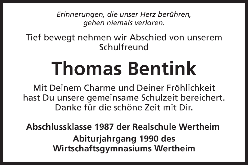  Traueranzeige für Thomas Bentink vom 28.04.2018 aus Fränkische Nachrichten