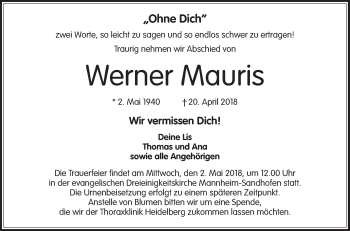Traueranzeige von Werner Mauris von Mannheimer Morgen